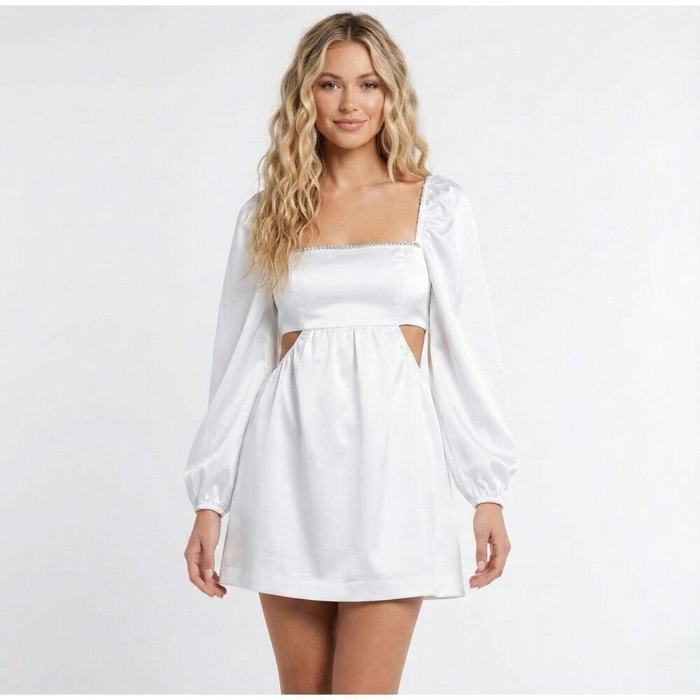 Danielle Bernstein Mini Dress 6 White NWT Rhinestone Puff Sleeve Bridal Party